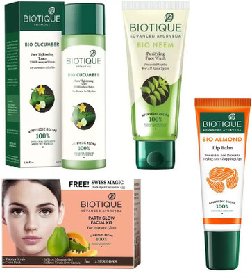 

BIOTIQUE BIO Cucumber Pore Tightening Toner, Bio Neem Purifying Neem Face Wash, Party Glow Facial Kit, LIP CARE(Set of 4)