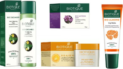 

BIOTIQUE BIO Cucumber Pore Tightening Toner, Bio Aloe Vera 30+ Spf Sunscreen Cream, Bio Saffron Dew Youthful Nourishing Day Cream, Lip Balm(Set of 4)