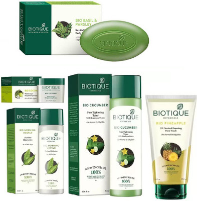 

BIOTIQUE BIO Pineapple Oil Control Foaming Face Wash, Morning Nectar Flawless Skin Moisturizer, Cucumber Pore Tightening Toner, Coconut Whitening & Brightening Cream,soap(Set of 5)