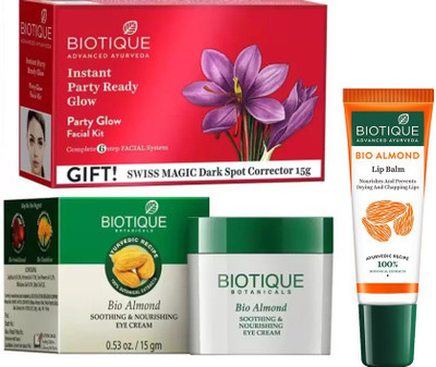 BIOTIQUE BIO PARTY GLOW FACIAL KIT, Almond eye cream, LIP CARE(Set of 3)