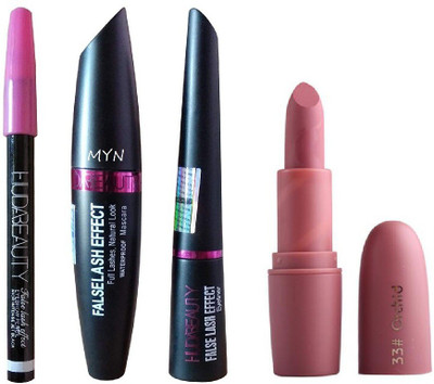 Myn Orchid matte lipstick with set of eyeliner pencil, mascara & liquid eyeliner(Set of 4)