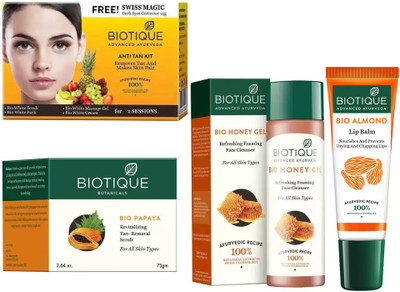 

BIOTIQUE BIO Anti Tan Facial Kit, Bio Papaya Tan Removal Scrub, Bio Honey Gel Refreshing Foaming Face Cleanser For All Skin Types, lip care(Set of 4)