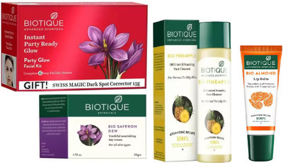 

BIOTIQUE BIO PARTY GLOW FACIAL KIT, saffron dew youthful nourishing day cream, PINEAPPLE OIL CONTROL FACE CLEANSER, LIP BALM(Set of 4)