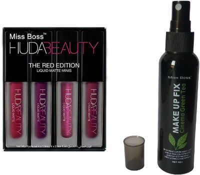 

Miss Boss huda lipstick red edition 16 ml, and kb Cinema Green Tea Makeup Fixer Primer - 80 ml, combo(Set of 2)