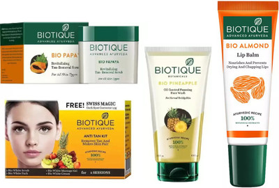 

BIOTIQUE BIO Papaya Tan Removal Scrub, Pineapple Oil Control Foaming Face Wash, Anti Tan Facial Kit , LIP CARE(Set of 4)