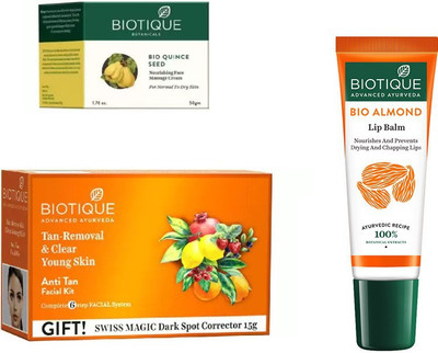 

BIOTIQUE BIO anti-tan facial kit, QUINCE SEED FACE MASSAGE CREAM , LIP CARE(Set of 3)