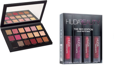 

Huda Beauty Rose Gold Edition Eyeshadow Palette - 18 Shades & Red Edition Lipstick (set of 4)(Set of 2)