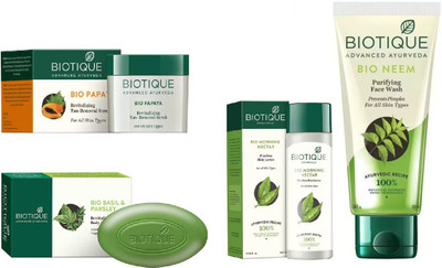 

BIOTIQUE BIO Neem Face Wash, Papaya Revitalizing Tan-Removal Scrub, Morning Nectar Flawless Skin Moisturize,SOAP(Set of 4)