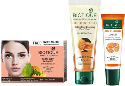 

BIOTIQUE BIO Party Glow Facial Kit, Bio Honey Gel Refreshing Foaming Face Wash For All Skin Types , Lip Balm(Set of 3)