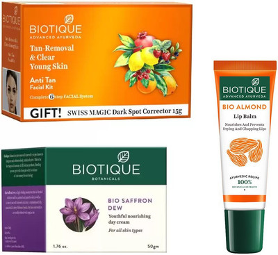

BIOTIQUE BIO bio anti-tan facial kit, saffron dew youthful nourishing day cream, LIP BALM(Set of 3)