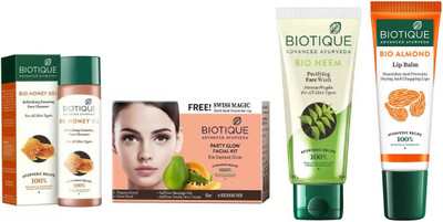 

BIOTIQUE BIO Honey Gel Foaming Face cleasner, Neem Purifying Face Wash, Party Glow Facial Kit , LIP CARE(Set of 4)