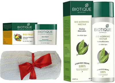 

BIOTIQUE BIO Morning Nectar Flawless Skin Moisturizer, Fruit Whitening And Depigmentation Face Pack, face towel(Set of 3)