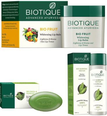 

BIOTIQUE BIO Morning Nectar Flawless Skin Moisturizer, Fruit Whitening And Depigmentation Face Pack, BASIL SOAP(Set of 3)