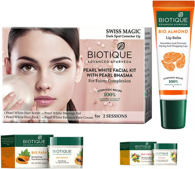 

BIOTIQUE BIO Fruit Face Pack, Papaya Revitalizing Tan Removal Scrub, Pearl White Facial Kit , LIP CARE(Set of 4)