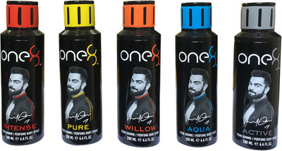 

one 8 Pure, Active, Aqua, Willow, Intense (Pack of 5) Perfume Body Spray - For Men & Women(1000 ml, Pack of 5)