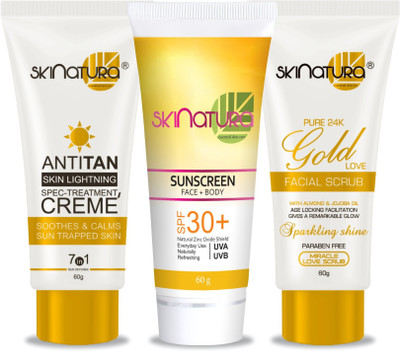 

Skinatura Anti Tan Skin Lightening Cream, Sunscreen SPF30+ Cream & Pure 24k Gold Love Facial Scrub(60 g)