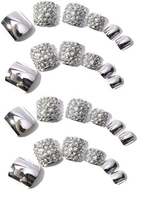 

Zahuu Foot Nail Beauty Metallic silver with rhinestone Foot False Nail Silver(Pack of 24)