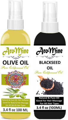 

AroMine 100% Organic Premium Cold Pressed Extra Light Virgin Olive Oil & Cold Pressed Black Seed Oil Kalonji Oil For Hair Fall & Hair Growth, Hair Treatment Oil for Healthy Hairs and Skin Hair Oil -(100ml)-Pack of-2-Bottle-(200ml)-Hair Oil(200ml) Hair Oil