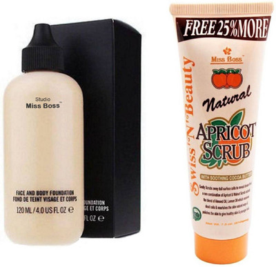 

Miss Boss Studio Perfect Finish Face & Body Foundation and Eyebrow Black Pencil With Mascara & Liquid Eyeliner (Set of 3)Natural Apricot Scrub with Soothing cocoa Butter (212 g) combo(Set of 2)