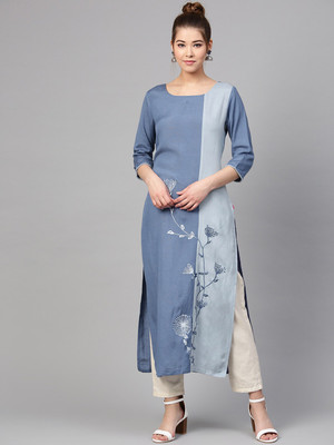 Varanga Women Colorblock Straight Kurta(Blue)