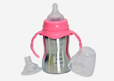 HuddiBABA Babies Steel Feeding Bottle 2 IN 1 (240ML) - 240 ml(Silver, Pink)