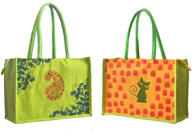 

AGGDA **02 Pack Combo**Women Waterproof Jute with Colorful Printed (Paisley and Cat Paw) Tote Shoulder Bag Handbag Waterproof Multipurpose Bag(Yellow, 16 L)