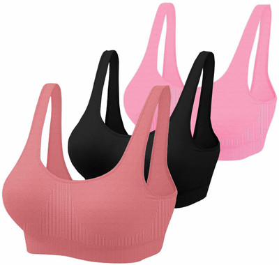 Mysha Air Sports Bra (Free Size, Fits Best- 28-34)Pack of 3 Women Sports Non Padded Bra(Black, Pink, Orange)