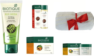 

BIOTIQUE BIO Neem Purifying Face Wash, Fruit Whitening & Depigmentation Face Pack, Papaya Revitalizing Tan-Removal Scrub, Bio Berberry Hydrating Cleanser , face towel(Set of 5)