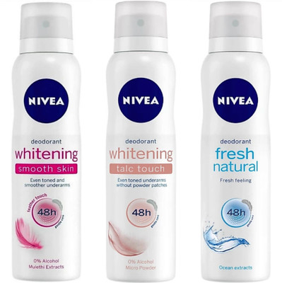 

Nivea Fresh Natural & Whitening Talc Touch & Whitening Smooth Skin Deodorant Spray - For Women(450 ml, Pack of 3)