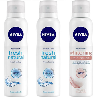 

Nivea Fresh Natural & Whitening Talc Touch Deodorant Spray - For Women(450 ml, Pack of 3)