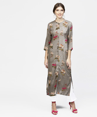LIBAS Women Floral Print Frontslit Kurta(Grey)