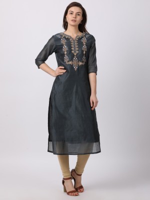 Alena Women Embroidered Straight Kurta(Grey)