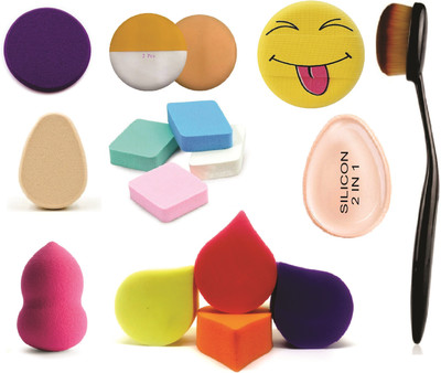 

Out Of Box Combo 1 Round Puff, 2 Grip Round Puff, 1 Air Cushion Blenders Emoji-Pop Puff, 1 Oval Puff, 8 Imported Make up Blending Sponge, 1 Piece 2 In 1 Silicone Puff, 1 Beauty Blendr, 1 Oval Blending Brush For Foundation Powder Concealer (Combo Of 16)(Se