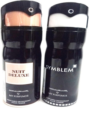 

PARFUMDELUXE NUIT DELUXE AND SYMBLEM Deodorant Spray - For Men & Women(400 ml, Pack of 2)