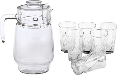 AFAST New Designer Drinking Set Of One Jar With Lid & Six Glass Transparent & Clear-JG57 Jug Glass Set(Glass)