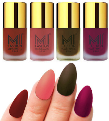 

MI Fashion Premium Quality Dull Velvet Matte Nail Polish Duo Pont Flat Brush Exclusive Combo Cherry Red,Light Peach,Olive Brown,Magenta(Pack of 4)
