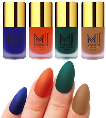 

MI Fashion Premium Quality Dull Velvet Matte Nail Polish Duo Pont Flat Brush Exclusive Combo Royal Blue,Orange,Dark Green,Dark Nude(Pack of 4)