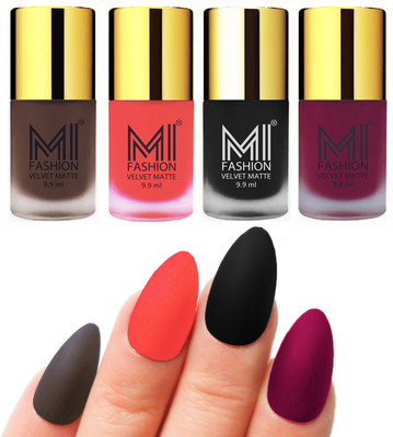 

MI Fashion Premium Quality Dull Velvet Matte Nail Polish Duo Pont Flat Brush Exclusive Combo Coffee,Neon Orange,Black,Magenta(Pack of 4)