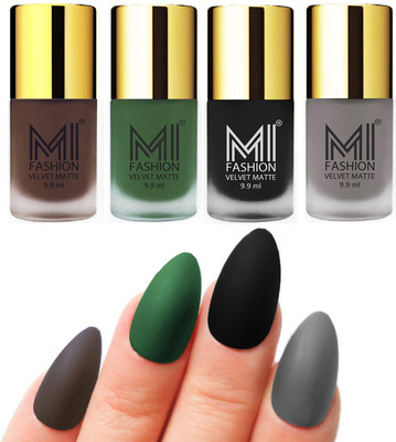 

MI Fashion Premium Quality Dull Velvet Matte Nail Polish Duo Pont Flat Brush Exclusive Combo Coffee,Green,Black,Grey(Pack of 4)