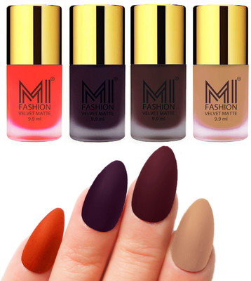 

MI Fashion Premium Quality Dull Velvet Matte Nail Polish Duo Pont Flat Brush Exclusive Combo Orange,DARK PURPLE,Wine,Nude(Pack of 4)