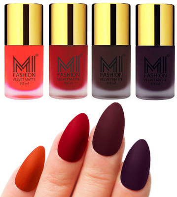 

MI Fashion Premium Quality Dull Velvet Matte Nail Polish Duo Pont Flat Brush Exclusive Combo Orange,Tomato Red,Wine,DARK PURPLE(Pack of 4)