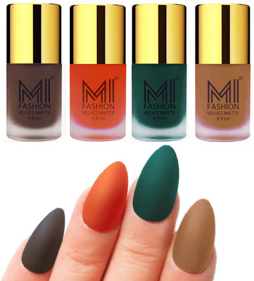 

MI Fashion Premium Quality Dull Velvet Matte Nail Polish Duo Pont Flat Brush Exclusive Combo Coffee,Orange,Dark Green,Dark Nude(Pack of 4)
