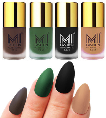 

MI Fashion Premium Quality Dull Velvet Matte Nail Polish Duo Pont Flat Brush Exclusive Combo Coffee,Green,Black,Nude(Pack of 4)