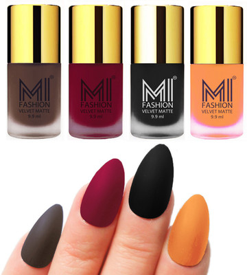 

MI Fashion Premium Quality Dull Velvet Matte Nail Polish Duo Pont Flat Brush Exclusive Combo Coffee,Mauve,Black,Saffron Orange(Pack of 4)