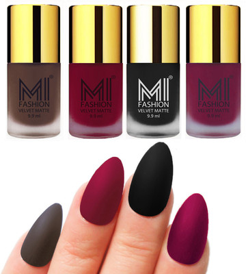 

MI Fashion Premium Quality Dull Velvet Matte Nail Polish Duo Pont Flat Brush Exclusive Combo Coffee,Mauve,Black,Magenta(Pack of 4)