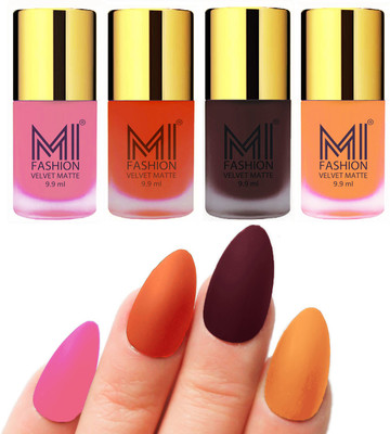 

MI Fashion Premium Quality Dull Velvet Matte Nail Polish Duo Pont Flat Brush Exclusive Combo Baby Pink,Orange,Wine,Saffron Orange(Pack of 4)