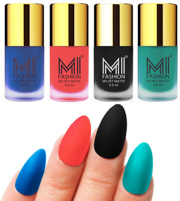 

MI Fashion Premium Quality Dull Velvet Matte Nail Polish Duo Pont Flat Brush Exclusive Combo Navy Blue,Neon Orange,Black,Sky Blue(Pack of 4)