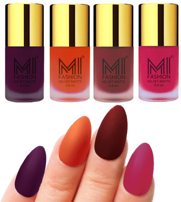

MI Fashion Premium Quality Dull Velvet Matte Nail Polish Duo Pont Flat Brush Exclusive Combo Purple,Orange,Maroon,Pink(Pack of 4)