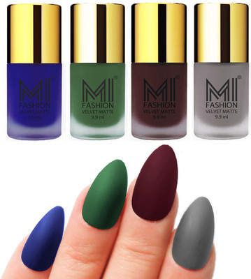 

MI Fashion Premium Quality Dull Velvet Matte Nail Polish Duo Pont Flat Brush Exclusive Combo Royal Blue,Green,Wine,Grey(Pack of 4)