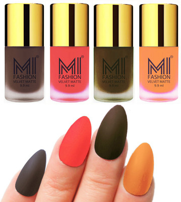 

MI Fashion Premium Quality Dull Velvet Matte Nail Polish Duo Pont Flat Brush Exclusive Combo Coffee,Neon Orange,Olive Brown,Saffron Orange(Pack of 4)
